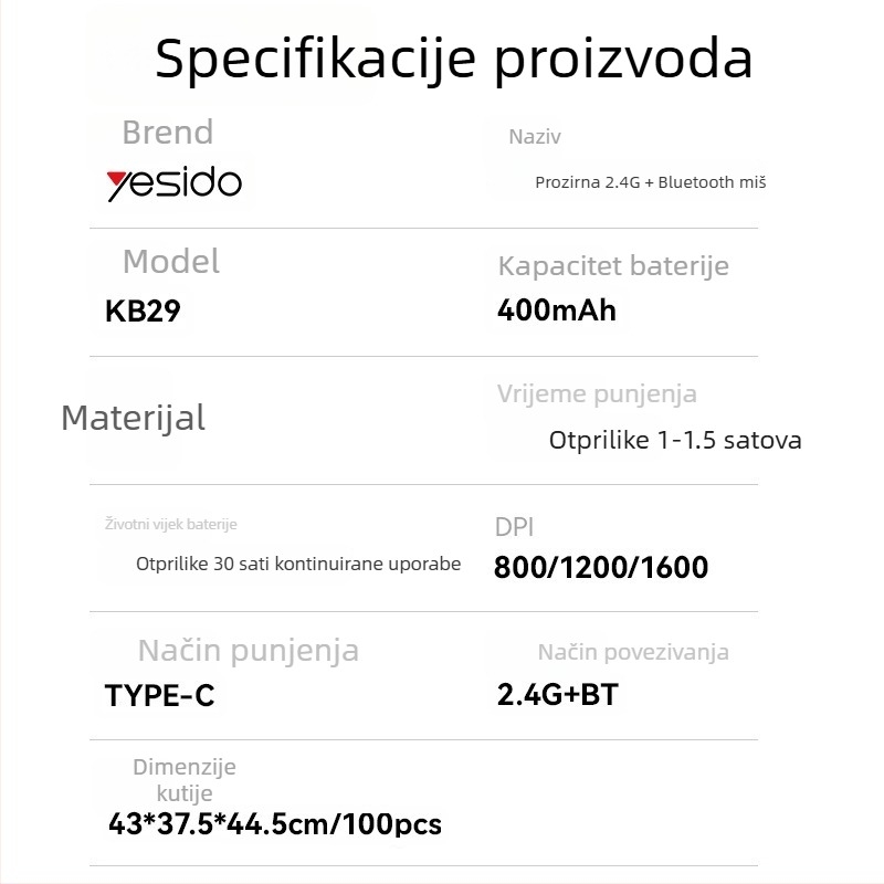 Yesido bežično miš s tihim radom, 2.4G + Bluetooth, 5 tipki, ergonomski, kompatibilan s prijenosnim i stolnim računalom, model KB29