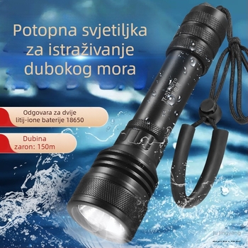 Potapljačka LED baterijska lampa, aluminijsko kućište, 2800mAh baterija, domet 100–200 m, trajanje rada 5,5 sati, uključen punjač