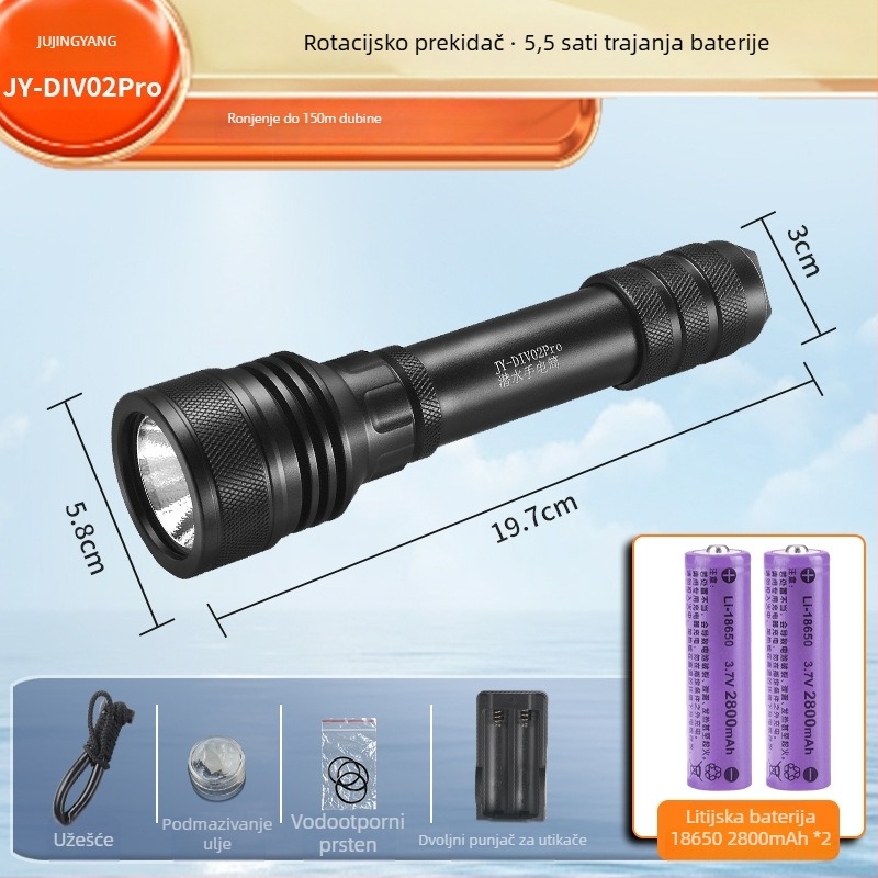 Potapljačka LED baterijska lampa, aluminijsko kućište, 2800mAh baterija, domet 100–200 m, trajanje rada 5,5 sati, uključen punjač