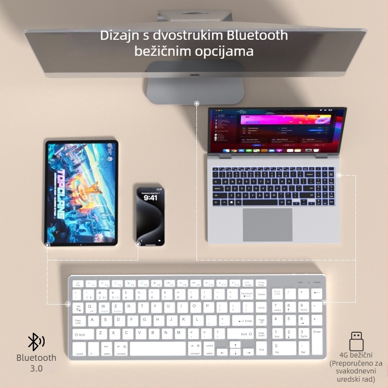 Bežični komplet tipkovnice i miša — tih, 1600dpi optički senzor, ergonomski, vodootporan, USB sučelja