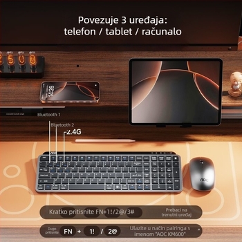 AOC set tipkovnice i miša s dvostrukim načinom, tipkovnica s nožnim mehanizmom, Bluetooth 5.0 i bežični 2.4G, USB miš, 1200 DPI