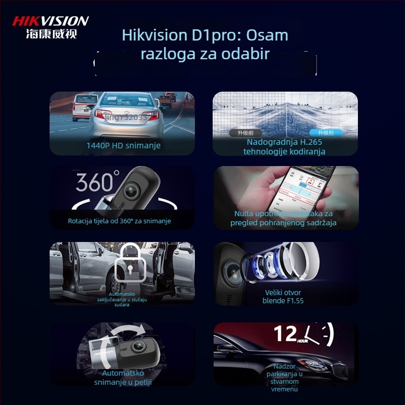 Hikvision dash kamera D1Pro 2025, 2K HD noćni vid, ugrađen objektiv