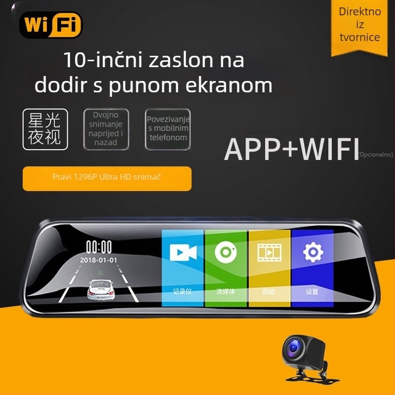 Squarester automobilni dash cam s prednjim i stražnjim dvostrukim snimanjem, 170° široki kut, 1296P rezolucija, Wi-Fi, microSD do 64GB