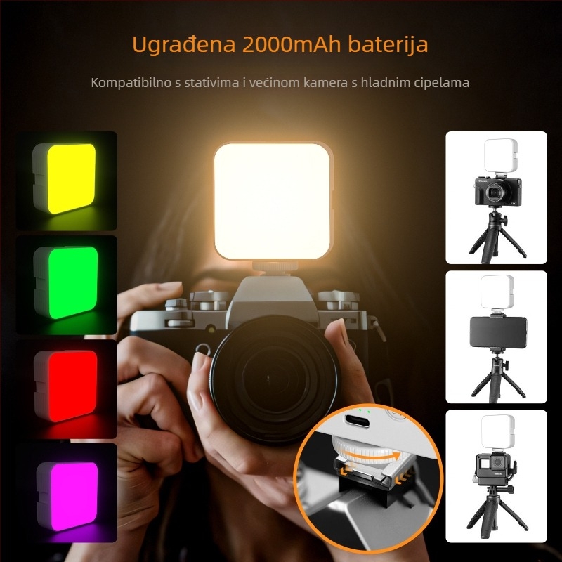 BOOYIIN XJ75 RGB Prijenosna LED svjetla za kameru — kompaktno ručno LED svjetlo za popunjavanje, tri temperature boje, 5V/1A, ispod 10W; za selfie, fotografiju i prijenos uživo