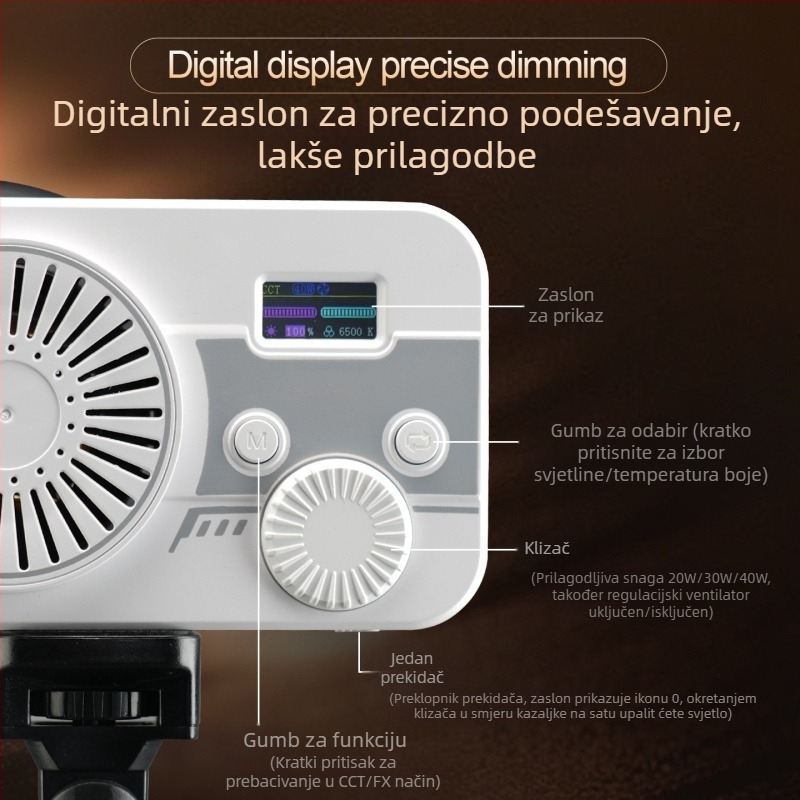 Pocket svjetlo za fotografiju s ugrađenom baterijom — ručno rukovanje, podesiva temperatura boje 2500K-9900K, snaga 51-100W, 220V