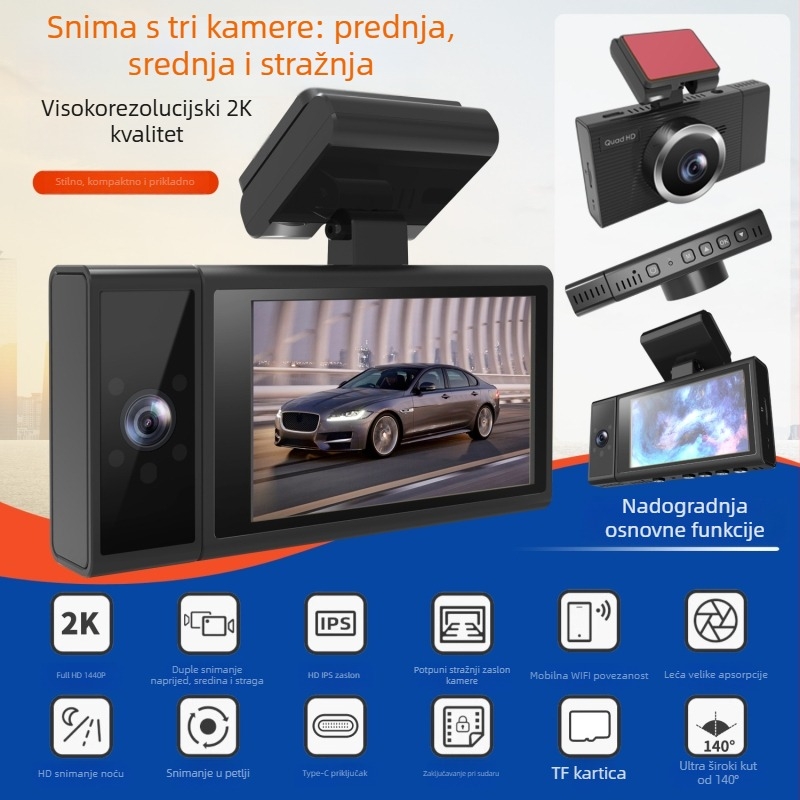 JTOVI automobilni dash cam s Wi-Fi, prednje i stražnje snimanje, 1440P, 140° kut gledanja, 3.0 inčni zaslon, nadzor parkiranja