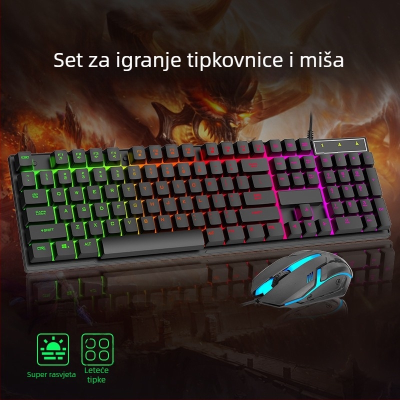 K323 kabelski gaming set tipkovnice i miša s USB priključcima, pozadinskim osvjetljenjem i ergonomska podrškom