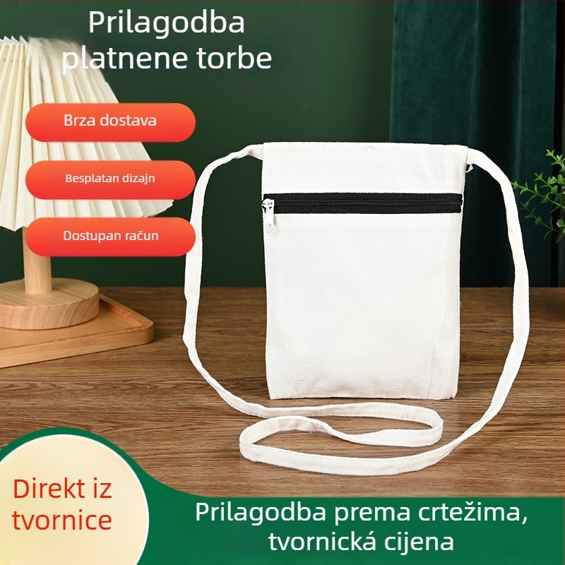 Platnena torba s prilagođenim logom, jednostruka naramenica, dno i bočne strane, prijenos toplim tiskom, stil torbe