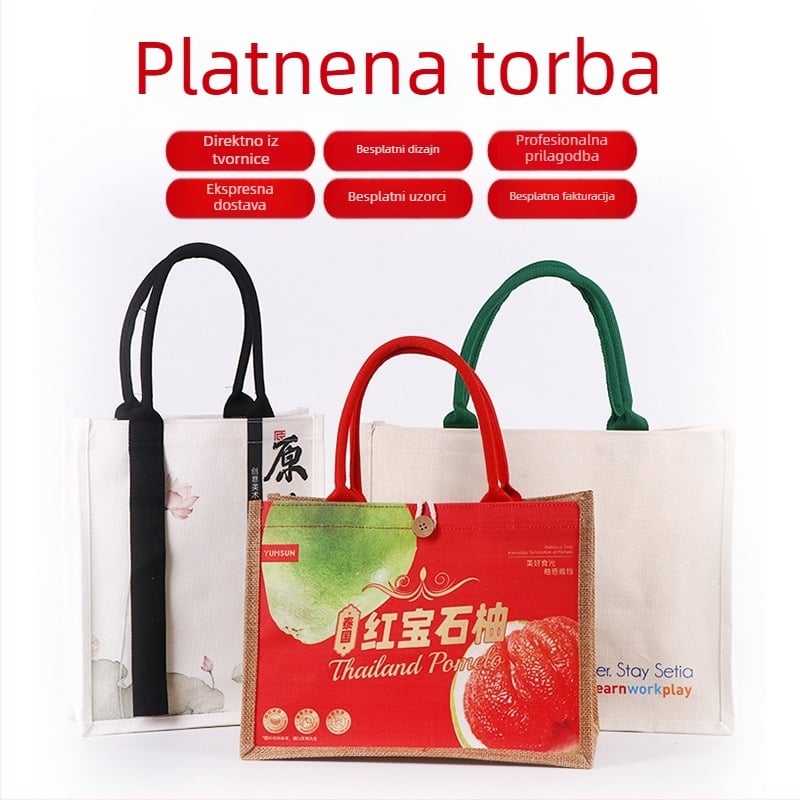 Platnena tote torba s prilagođenim logom (Materijal: 12 poliester-pamučna platna; Tehnike tiska: sitotisak, strojni tisak, digitalni tisak, toplinski prijenos; Tisak loga: Da; Prilagodljivo; Oblik: tote torba)