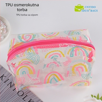 Prozirna TPU kozmetička torbica, debeli pernica, otisnuta osmerokutna torba sa zatvaračem, šivani zatvarač; Materijal: PVC EVA TPU; Duljina zatvarača: 10–30 cm; Namjena: kozmetička ambalaža