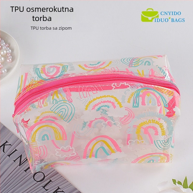 Prozirna TPU kozmetička torbica, debeli pernica, otisnuta osmerokutna torba sa zatvaračem, šivani zatvarač; Materijal: PVC EVA TPU; Duljina zatvarača: 10–30 cm; Namjena: kozmetička ambalaža