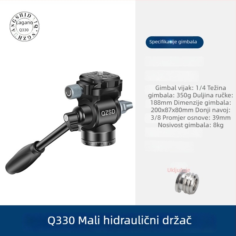 Lightweight Era Q330 ručni gimbal s hidraulickim tlomom za DSLR, 360° panoramska rotacija, aluminijska legura, kompatibilan s Arca-Swiss 38 mm pločom za brzo oslobađanje; gornji navoj 1/4in, donji 3/8in otvor; težina 0,35 kg; lagan i prenosan.