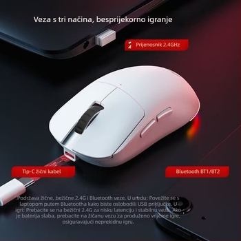 Bežična gaming miša, ergonomski dizajn, optički senzor 8000 DPI, 7 tipki, 6 razina DPI, domet 10 m