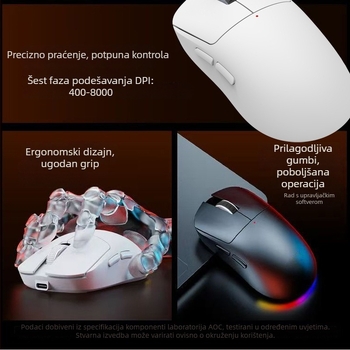 Bežična gaming miša, ergonomski dizajn, optički senzor 8000 DPI, 7 tipki, 6 razina DPI, domet 10 m