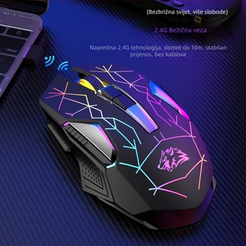 Bežični gaming miš s punjenjem, 2400 DPI, 6 tipki, USB sučelje, 2,4 GHz bežična veza, domet 10 m