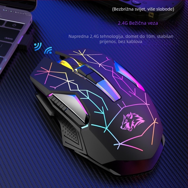 Bežični gaming miš s punjenjem, 2400 DPI, 6 tipki, USB sučelje, 2,4 GHz bežična veza, domet 10 m