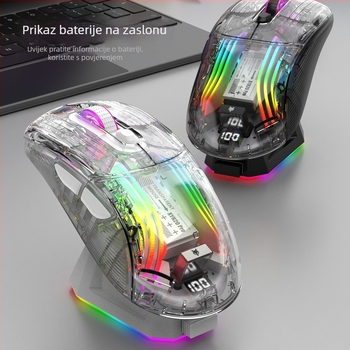 Bluetooth gaming miš 4000 DPI, 7 tipki, 2,4G+BT, dodirni kotačić, 4-razinsko podešavanje DPI, bežična punjačka baza s zaslonom