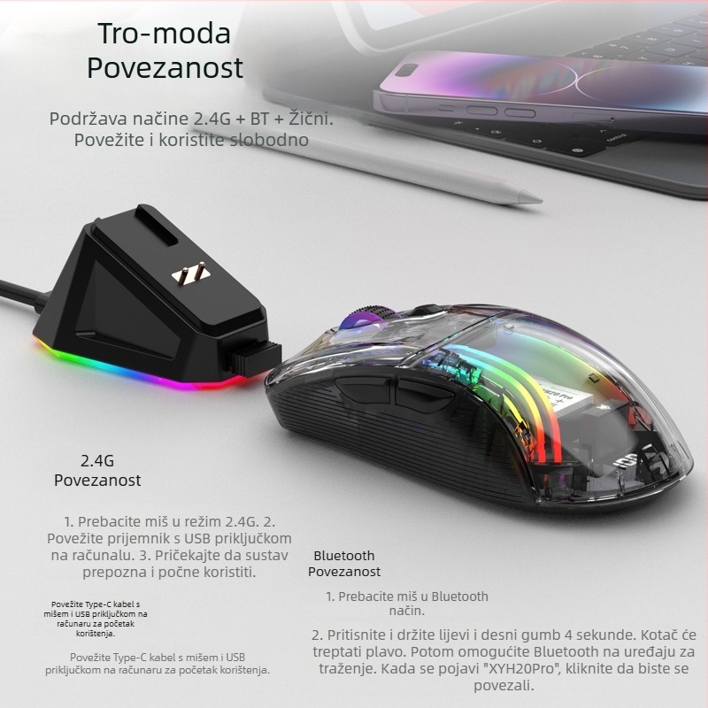Bluetooth gaming miš 4000 DPI, 7 tipki, 2,4G+BT, dodirni kotačić, 4-razinsko podešavanje DPI, bežična punjačka baza s zaslonom