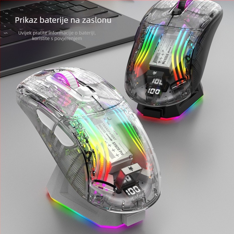 Bluetooth gaming miš 4000 DPI, 7 tipki, 2,4G+BT, dodirni kotačić, 4-razinsko podešavanje DPI, bežična punjačka baza s zaslonom