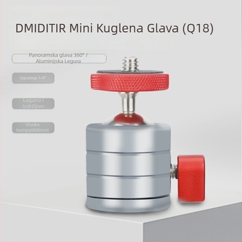 Mini kuglasta glava Q18 – dvostruka panoramska, 360° horizontalno okretanje, -80° do +90° vertikalno, aluminijska legura, lagana 81 g, univerzalna kompatibilnost