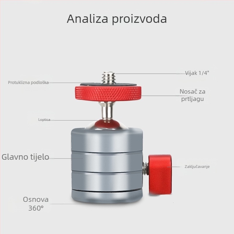Mini kuglasta glava Q18 – dvostruka panoramska, 360° horizontalno okretanje, -80° do +90° vertikalno, aluminijska legura, lagana 81 g, univerzalna kompatibilnost