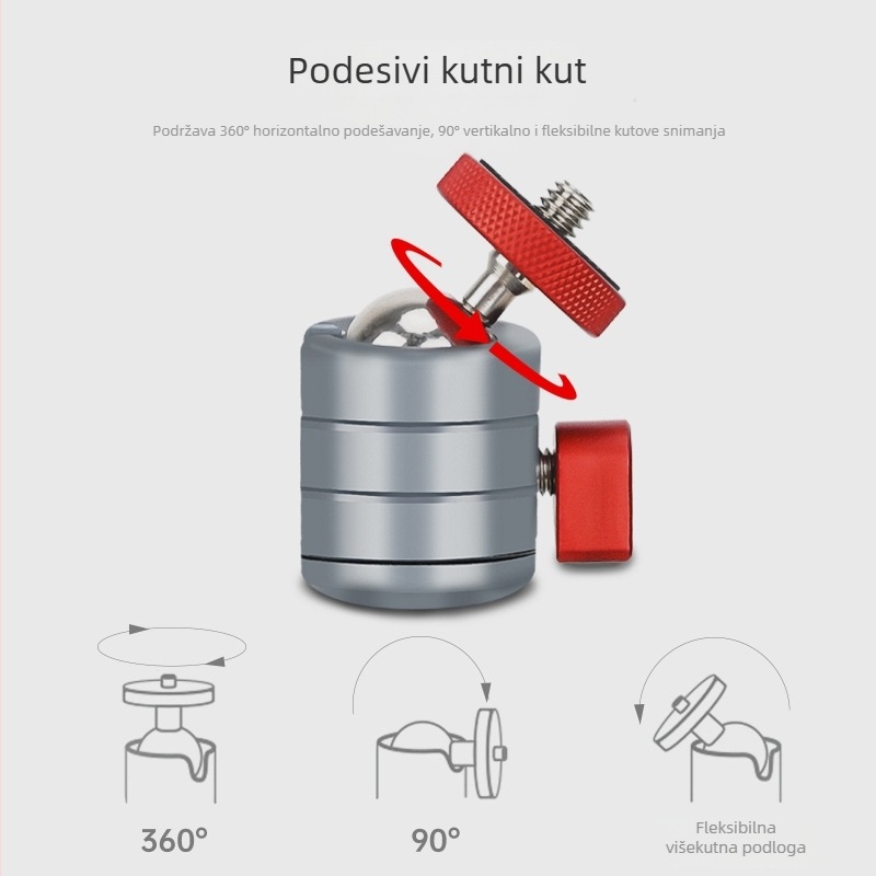 Mini kuglasta glava Q18 – dvostruka panoramska, 360° horizontalno okretanje, -80° do +90° vertikalno, aluminijska legura, lagana 81 g, univerzalna kompatibilnost