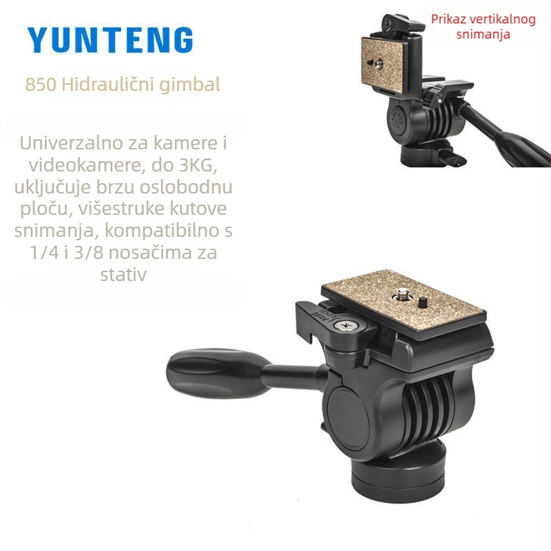 Yunteng VCT-850 hidraulični panoramsko/tilt stativ s pločom za brzo otpuštanje, aluminijska legura, nosivost 2–5 kg, za SLR, DV i bezrcalne kamere