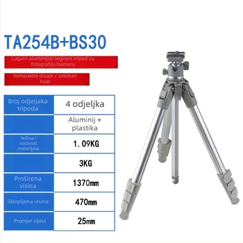 Stativ od aluminijske legure, kuglična glava, 5 sekcija, nosivost 5 kg, ploča brzog otpuštanja