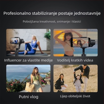 3-osi ručni stabilizator za pametni telefon — inteligentno praćenje i stabilizacija, ABS kućište, ugrađena baterija, težina 500 g (pan 320°, tilt 320°, brzina 120°/s)