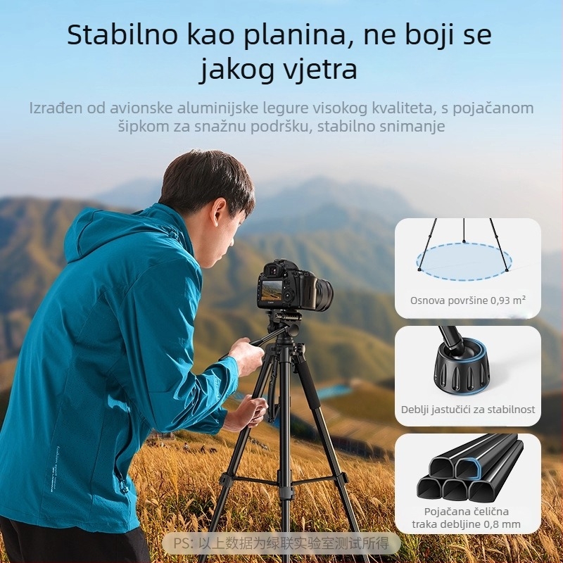 Kamerni stativ s 3D gimbalom za DSLR/Mirrorless, 3 sekcije, aluminijska legura, ploča za brzo otpuštanje, nosivost 2–5 kg, stabilno snimanje za livestream
