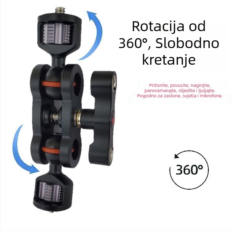 Univerzalni magični držač-ram za monitor i bezogledne kamere s dvostrukom kugličnom glavom 360° i rotacijom 360°, navojno spajanje, aluminijska legura, 115 g