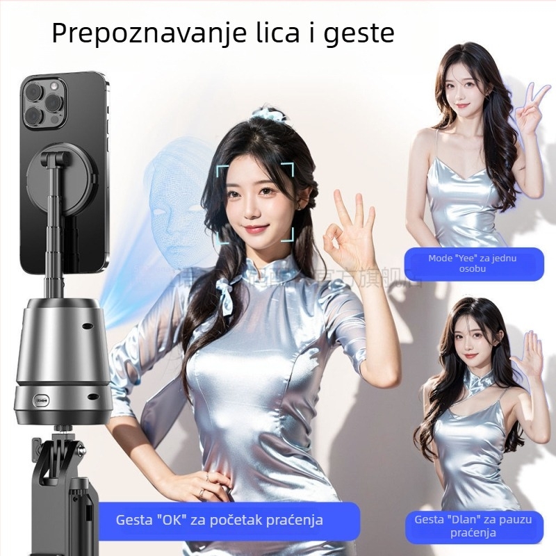 Q05 telefonski gimball s 360° praćenjem i AI prepoznavanjem lica — horizontalno okretanje 360°, 1/4 univerzalni sučelje, aluminijsko kućište, ukupna snaga 15W