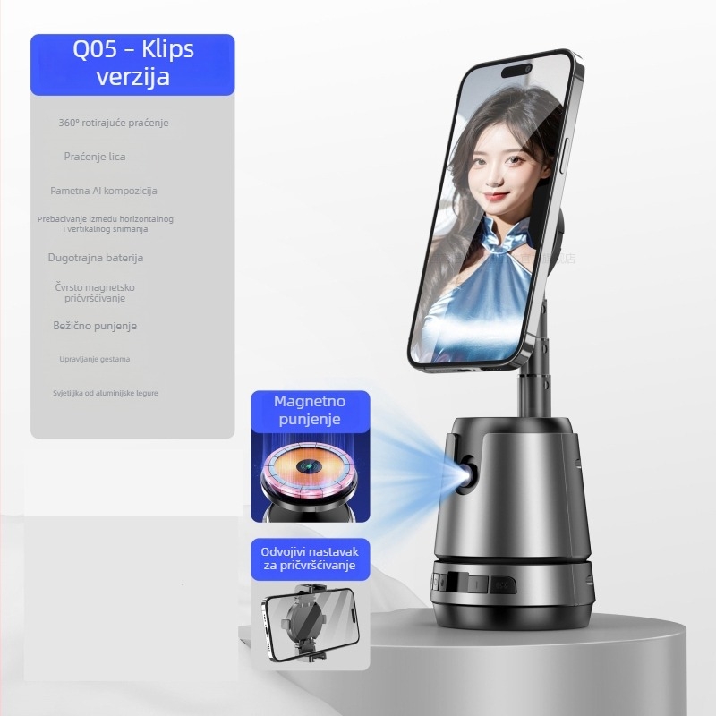 Q05 telefonski gimball s 360° praćenjem i AI prepoznavanjem lica — horizontalno okretanje 360°, 1/4 univerzalni sučelje, aluminijsko kućište, ukupna snaga 15W