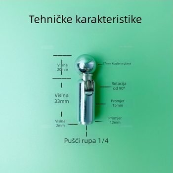 Metalna univerzalna kuglična glava s 17 mm adapterom za 1/4 stativa, montaža zakretanjem, kut vertikalnog okretanja 90°, kut horizontalnog okretanja 0°, težina 0.006