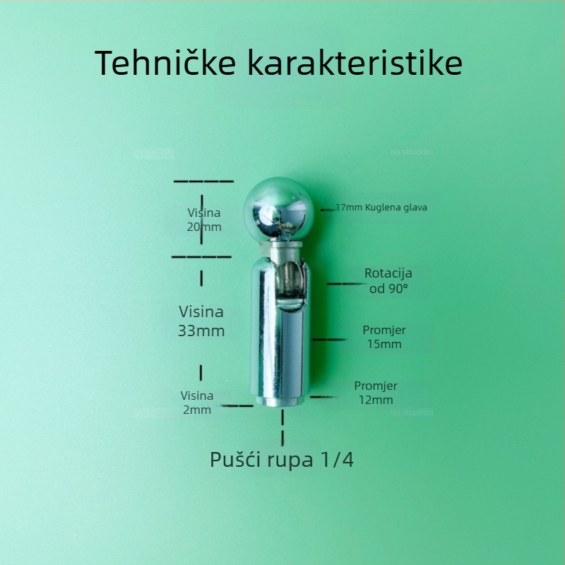 Metalna univerzalna kuglična glava s 17 mm adapterom za 1/4 stativa, montaža zakretanjem, kut vertikalnog okretanja 90°, kut horizontalnog okretanja 0°, težina 0.006