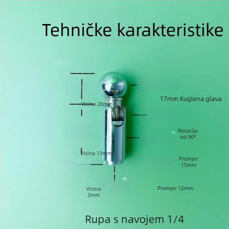 Metalna univerzalna kuglična glava s 17 mm adapterom za 1/4 stativa, montaža zakretanjem, kut vertikalnog okretanja 90°, kut horizontalnog okretanja 0°, težina 0.006
