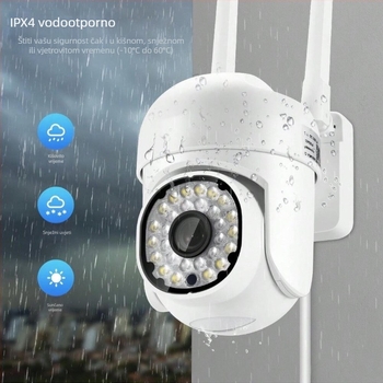 PTZ vanjska kamera s 360° horizontalnim rotiranjem, 90° vertikalnim nagibom, ograničenjem rotacije 355°, napajanje DC 5V, ABS kućište