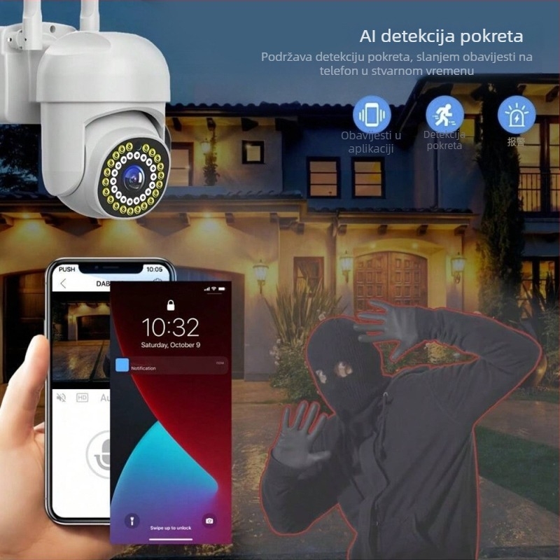 PTZ vanjska kamera s 360° horizontalnim rotiranjem, 90° vertikalnim nagibom, ograničenjem rotacije 355°, napajanje DC 5V, ABS kućište