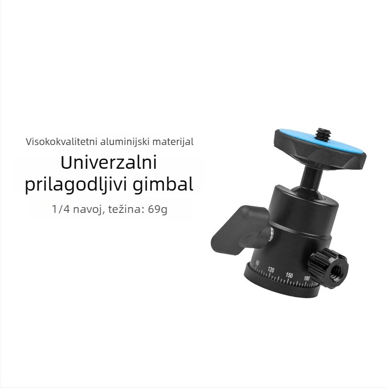 Gimbal glava za stativ – aluminijska legura, 360° horizontalno, 90° vertikalno, montaža pomoću gumba, težina 69 g