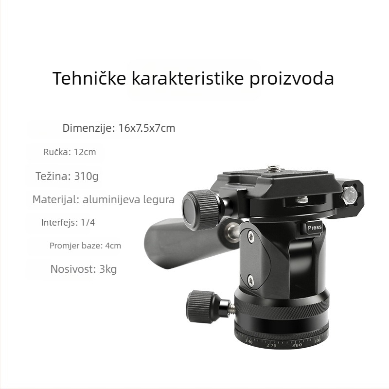Panoramski gimbal za SLR/Mirrorless – 360° horizontalno okretanje, vertikalno naginjanje 90°/-55°, aluminijska legura, težina 0,3 kg, pločica za brzo oslobađanje