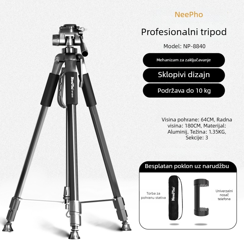 Telefon tripod s 3-osnim gimball stabilizatorom za fotografiju i vanjsko livestreamanje – aluminijska legura, 4 sekcije, nosivost 6-10 kg, težina 1,27 kg