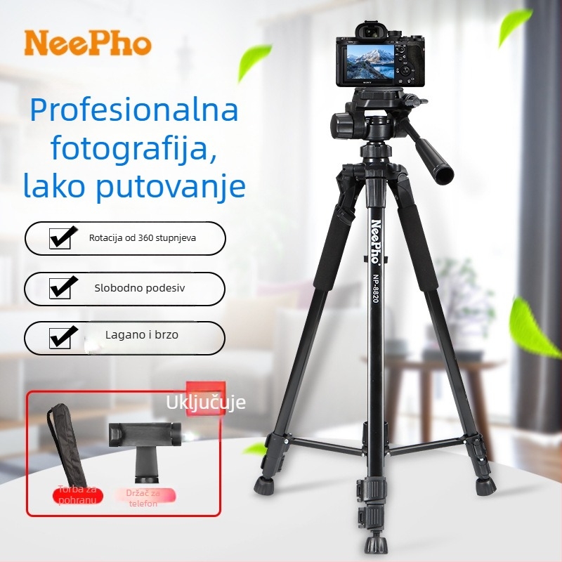 DSLR i pametni telefon tripod s 3D PTZ gimbalom, aluminijska legura + ABS, nosivost 5–10 kg, model 8820, podna selfie stativ