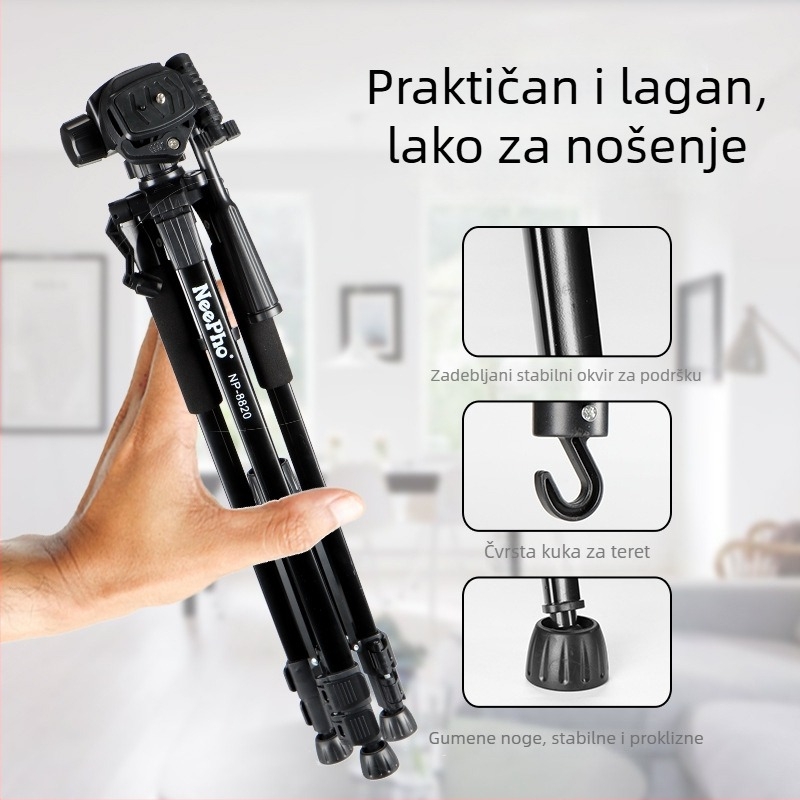 DSLR i pametni telefon tripod s 3D PTZ gimbalom, aluminijska legura + ABS, nosivost 5–10 kg, model 8820, podna selfie stativ