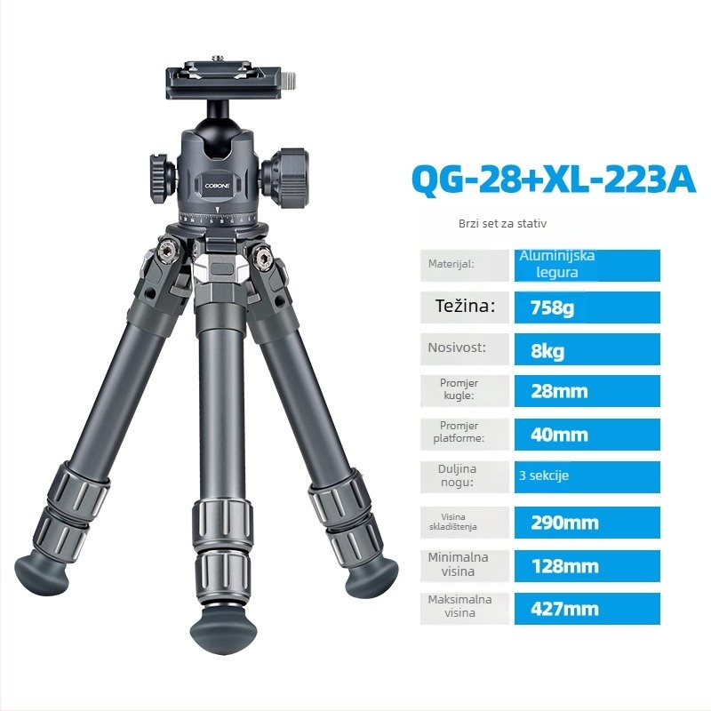 Set stativa za SLR kameru s kugličnom glavom, 3 sekcije, aluminijska legura, ploča za brzo oslobađanje, 758 g