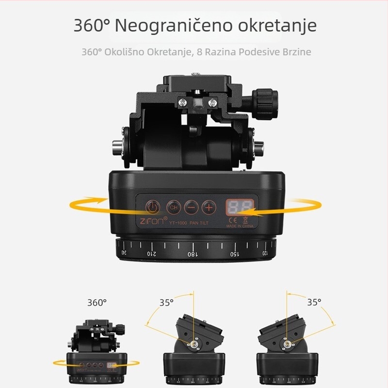 Električni pan-tilt stabilizator s daljinskim upravljačem za mobitel ili DSLR — tijelo od aluminijske legure, 360° horizontalno okretanje, 70° vertikalno okretanje, držač za mobitel.