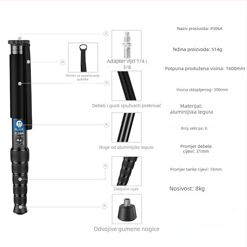 Monopod P306A od BEXIN, aluminijska legura, nosivost 6-10 kg