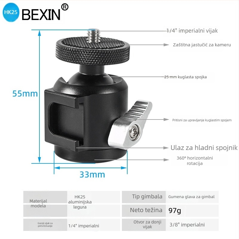 BEXIN mini hladna cipka gimbal s kugličnom glavom od aluminija za DSLR kamere i dodatke, 360° horizontalno/vertikalno okretanje, težina 0,098 kg
