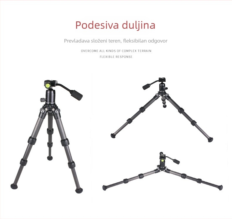 Karbonski stativ za DSLR kamere, kuglična glava, 3 sekcije, ploča za brzo otpuštanje, nosivost 6–10 kg