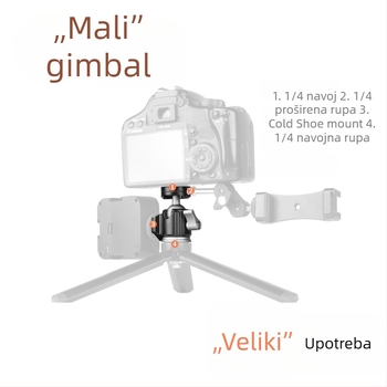 Metalna univerzalna kuglasta glava s dvije hladne cipke za vlog, mobilni telefon i DSLR – 1/4" vijak, aluminijska legura, horizontalno 360°, verticalno 90°, težina 85 g