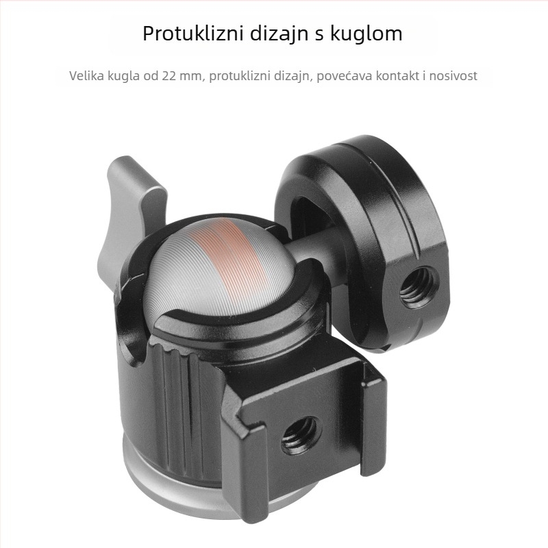 Metalna univerzalna kuglasta glava s dvije hladne cipke za vlog, mobilni telefon i DSLR – 1/4" vijak, aluminijska legura, horizontalno 360°, verticalno 90°, težina 85 g